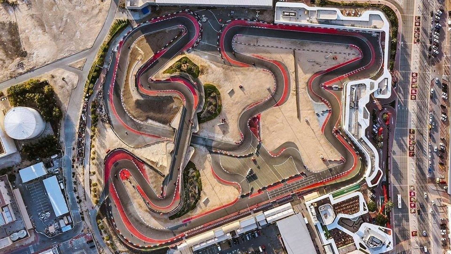 Aerial view of Dubai Autodrome Motor City karting track.