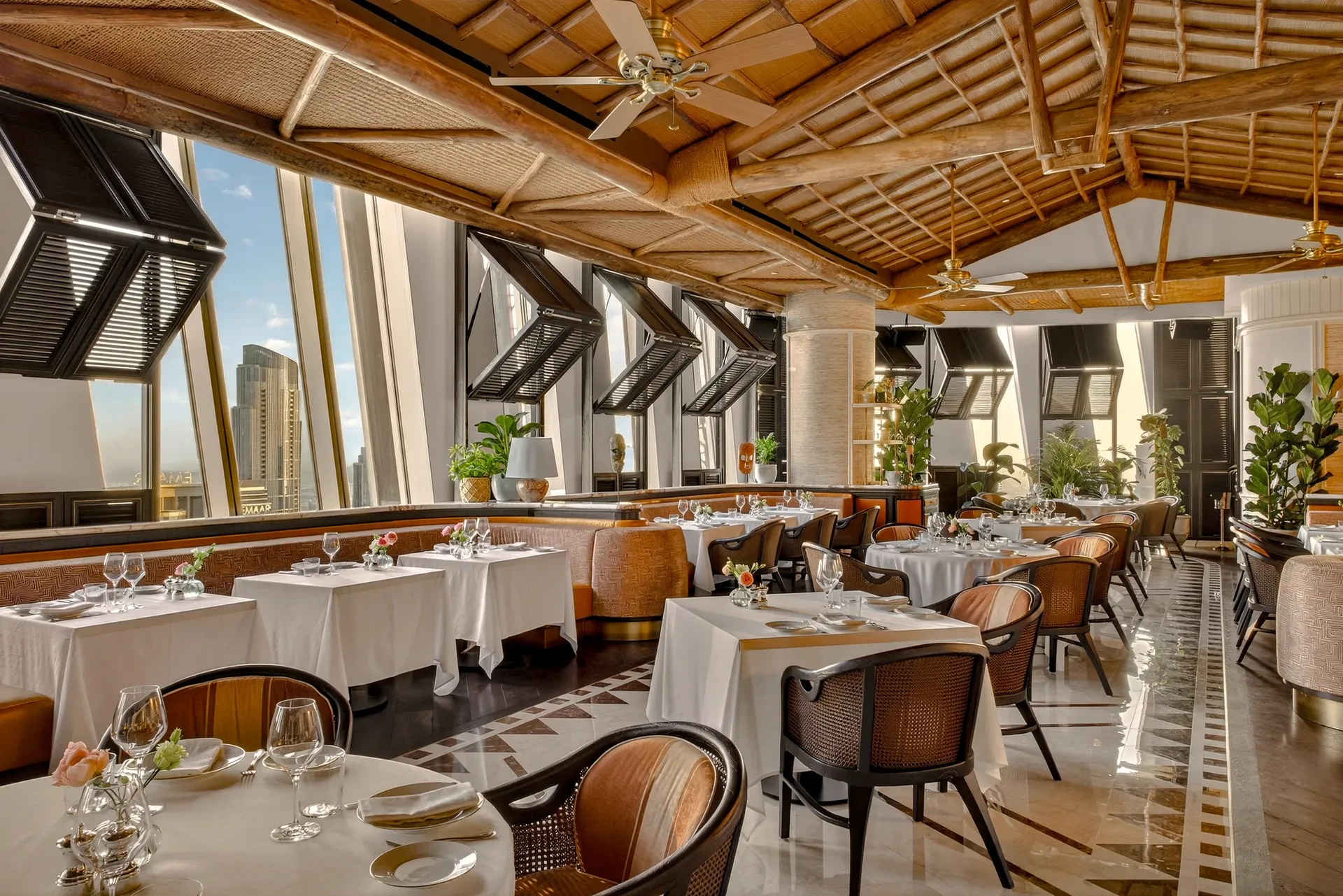 Elegant dining area at Lion in the Sun Dubai venue.