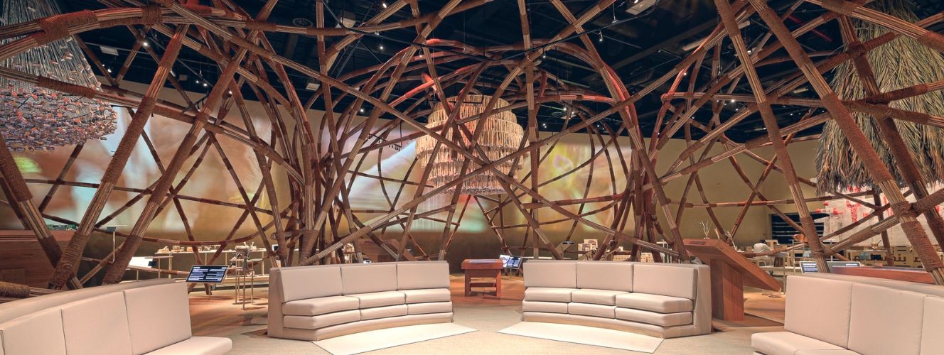 House of Artisans interior with woven wooden structures, Dubai venue.