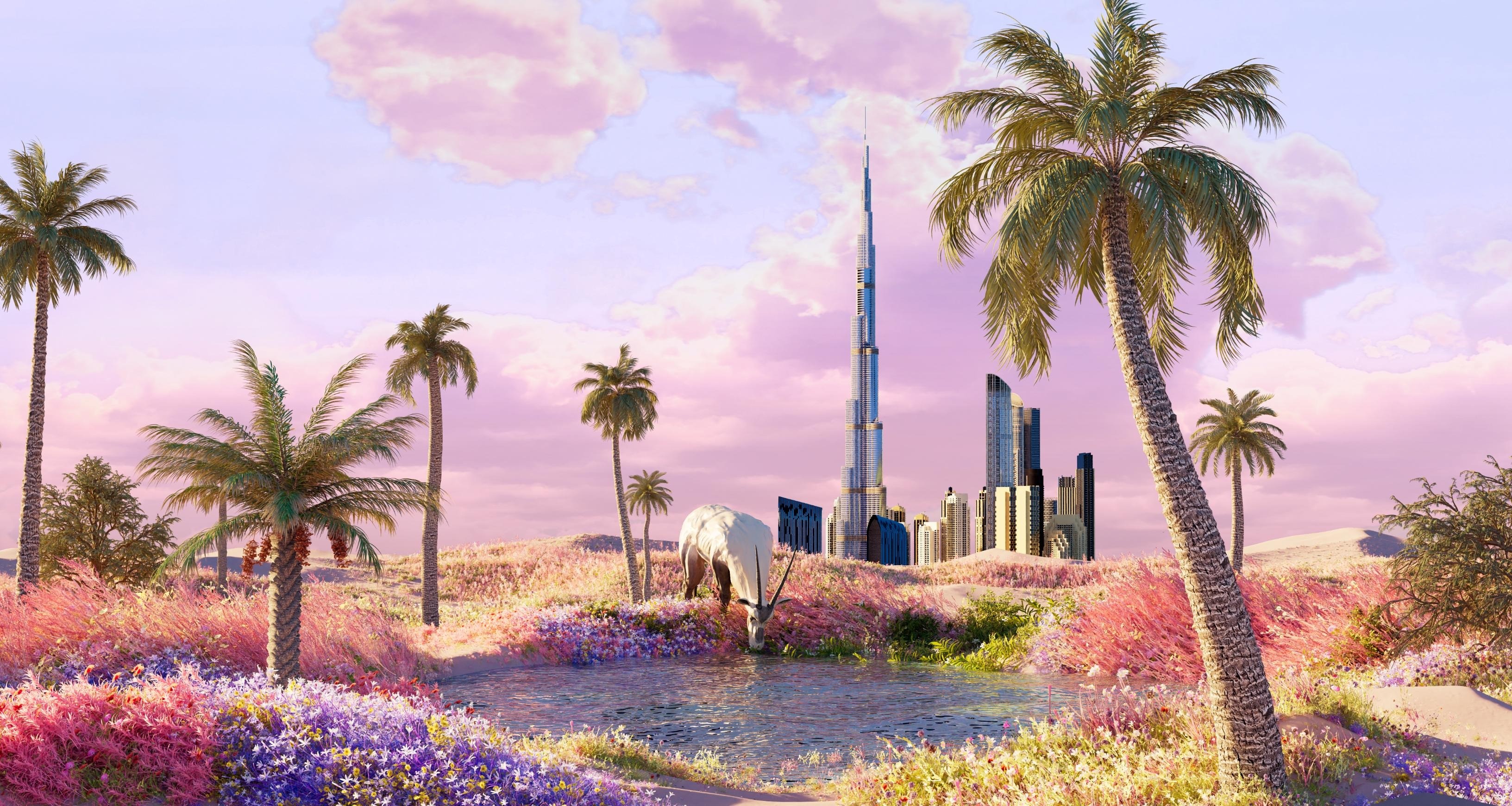 Arte Museum Dubai, vibrant landscape with palm trees and city skyline.