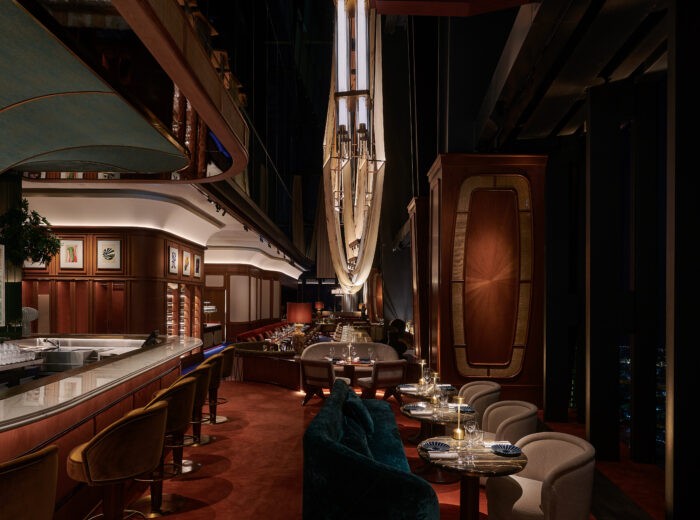 Elegant interior of Bar des Pres Dubai with luxurious seating.