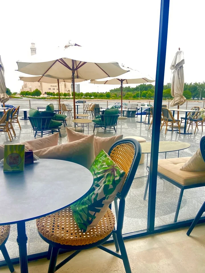 BRNCH Restaurant & Cafe outdoor seating with umbrellas, Dubai.