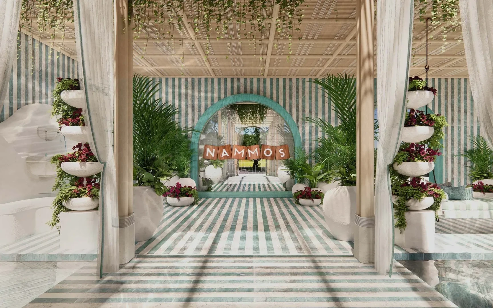 Elegant interior of Nammos Dubai with striped decor and plants.