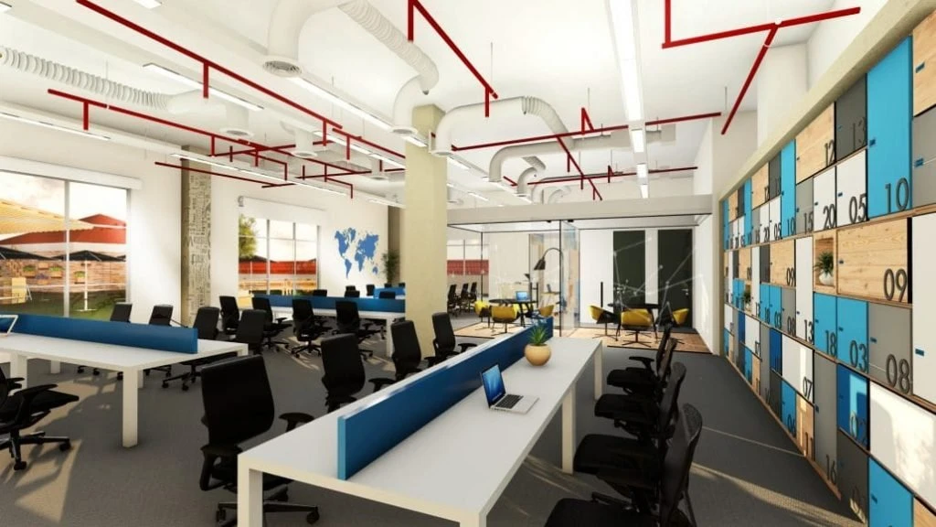 AstroLabs Coworking Space in Dubai, modern interior with desks and lockers.