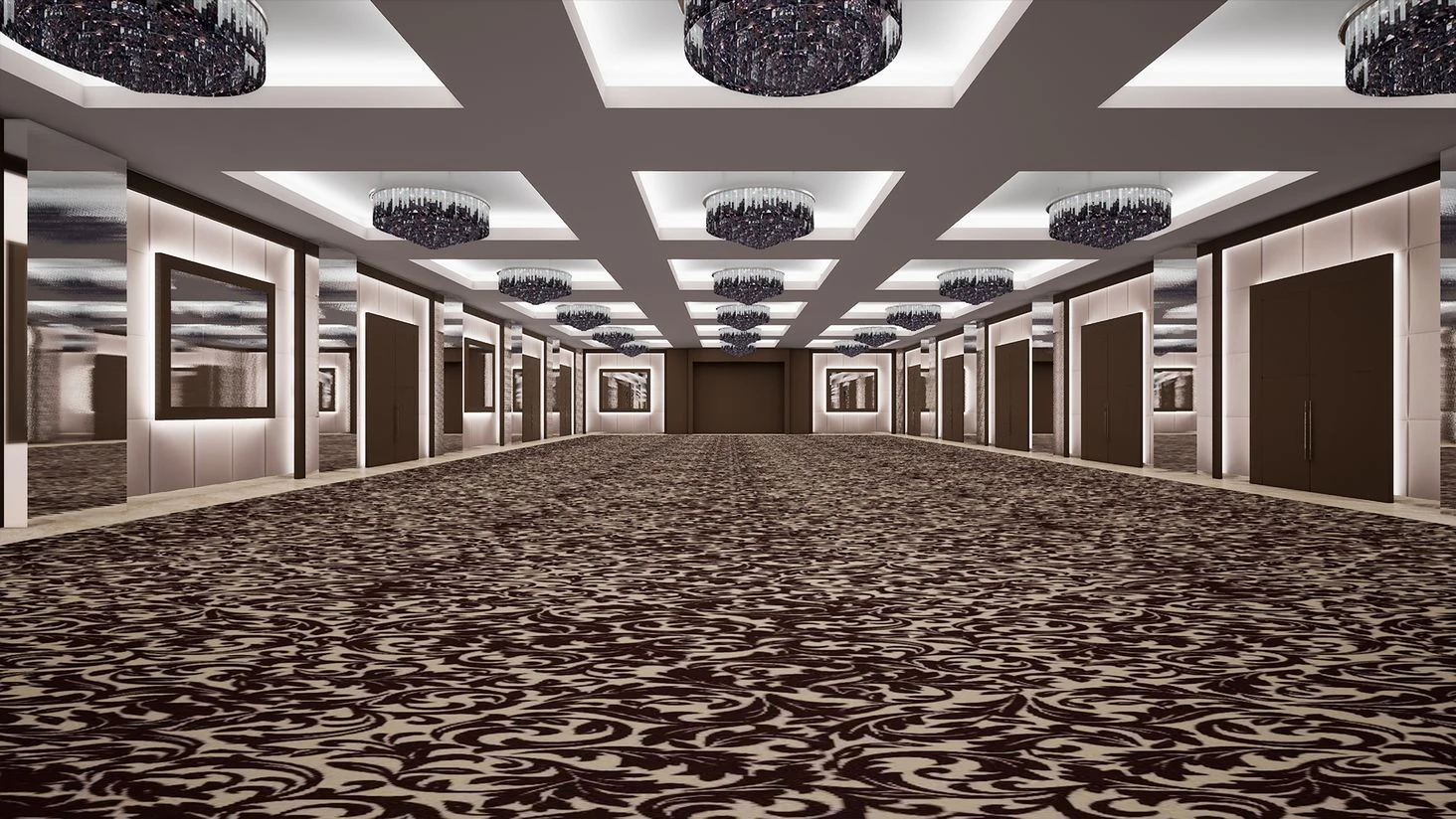 Grand ballroom with patterned carpet, JW Marriott Marquis Hotel Dubai.