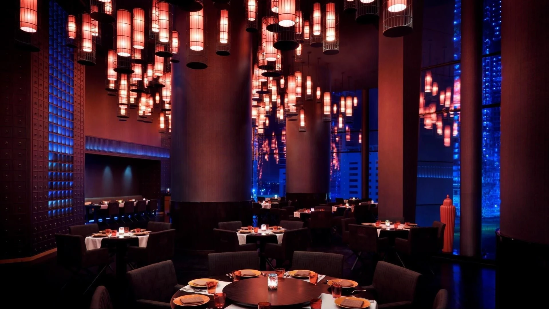 Chic dining room with pendant lights, JW Marriott Marquis Dubai.
