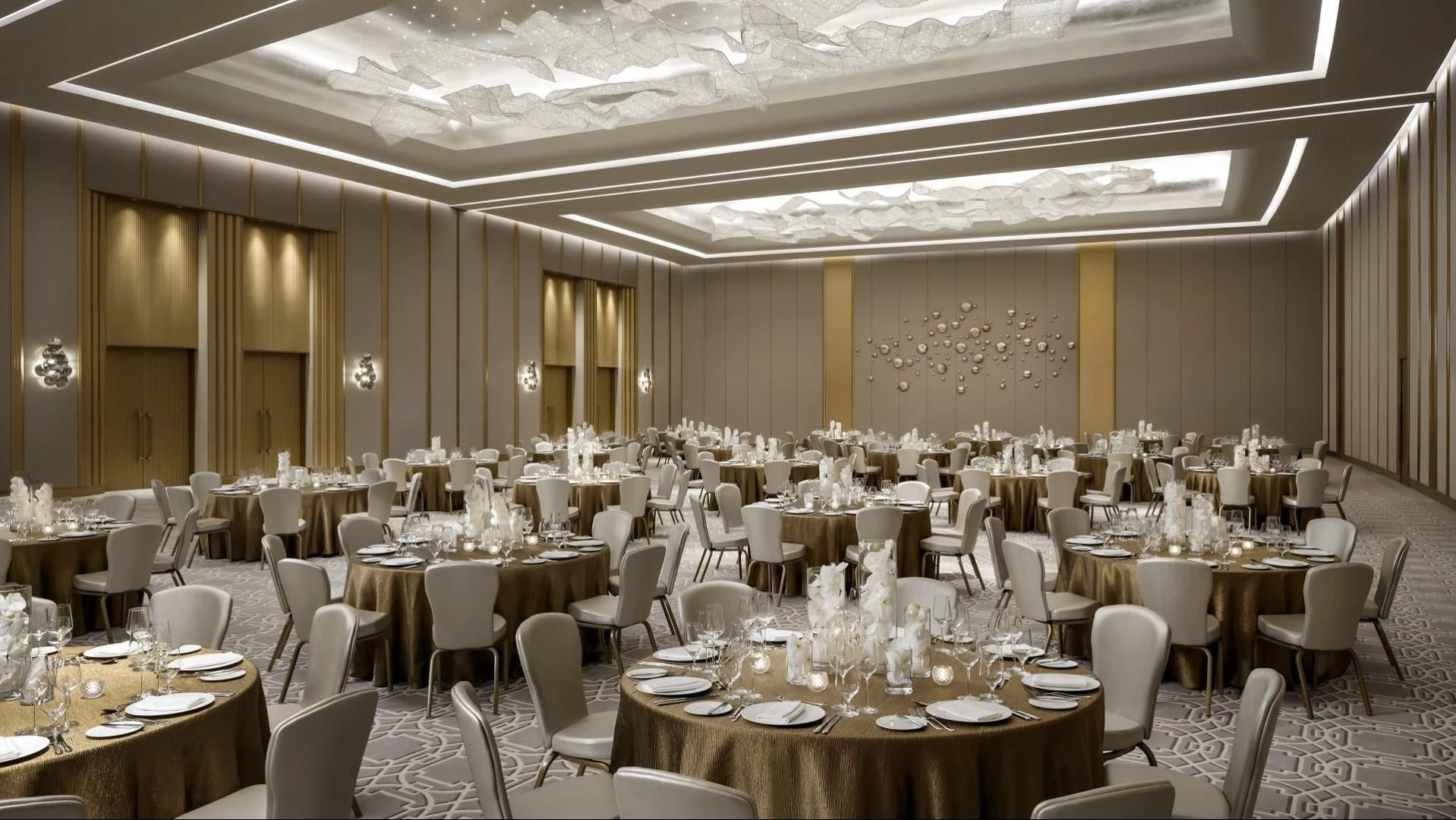 Elegant banquet hall at Atlantis The Royal, Dubai, set for event.