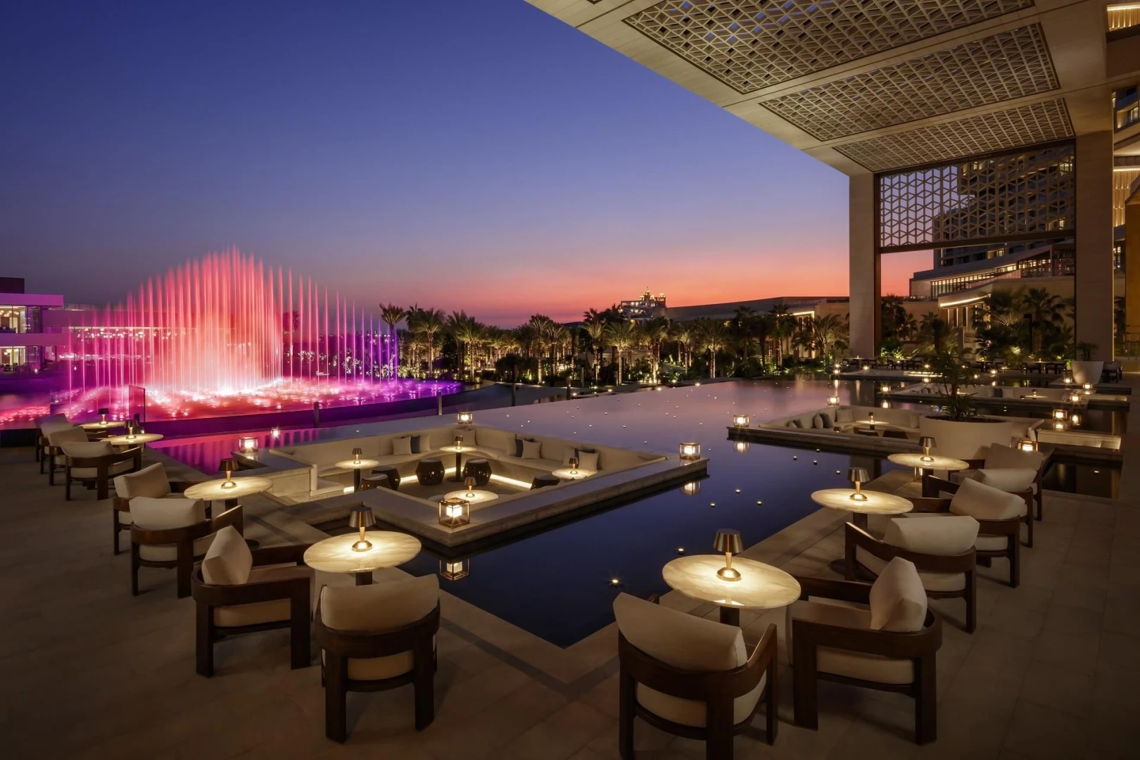 Luxurious outdoor seating with fountains at Atlantis The Royal, Dubai.
