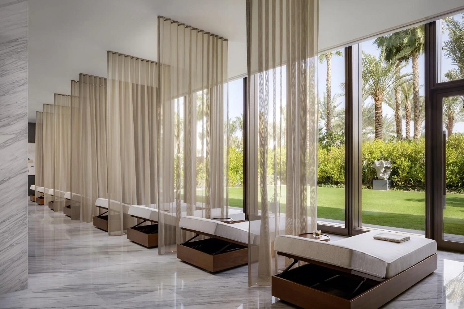 Luxurious spa beds with garden view at Atlantis The Royal, Dubai.