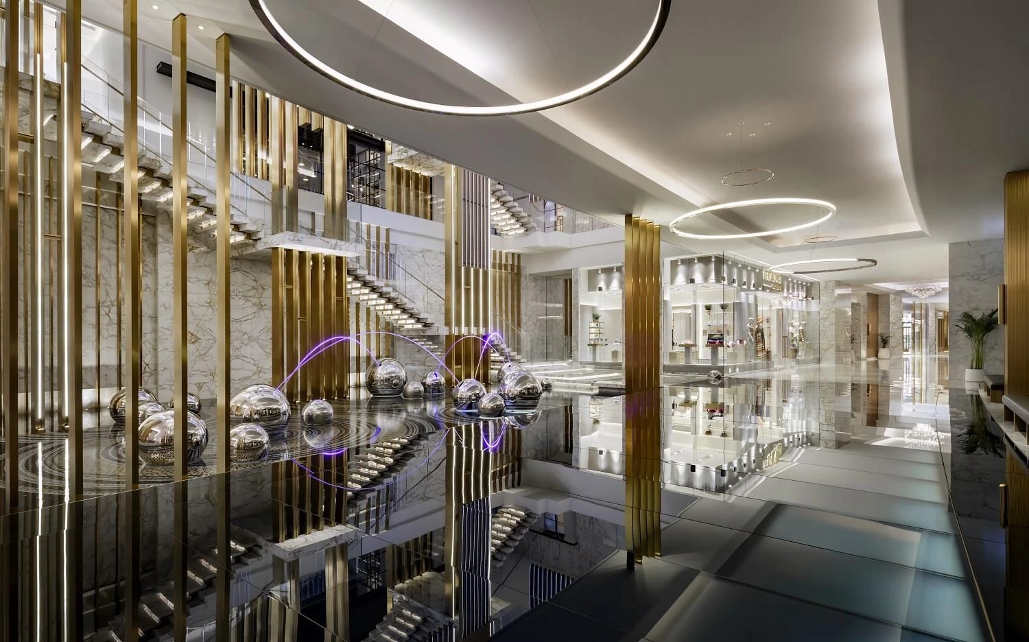 Luxurious lobby of Atlantis The Royal, Dubai with modern decor.