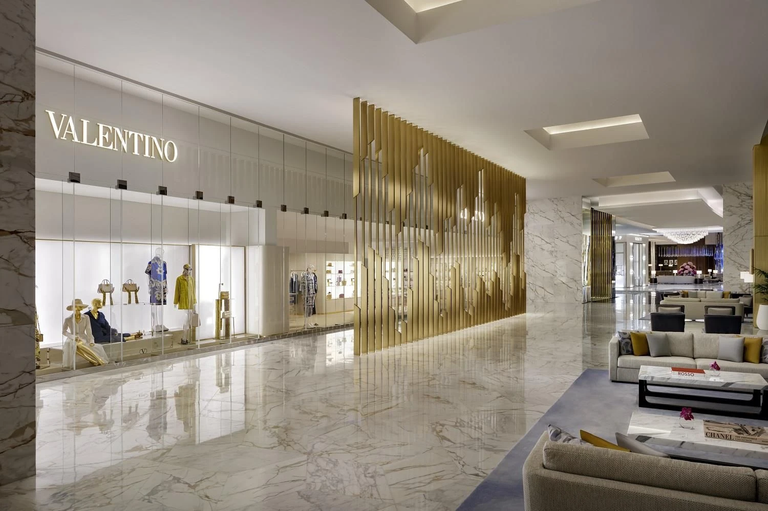 Luxurious lobby at Atlantis The Royal, Dubai with marble floors.