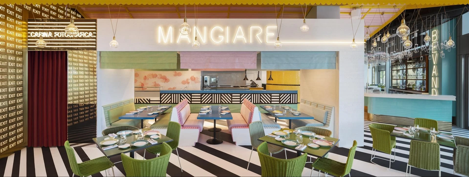 Colorful dining area at W Dubai - The Palm restaurant.