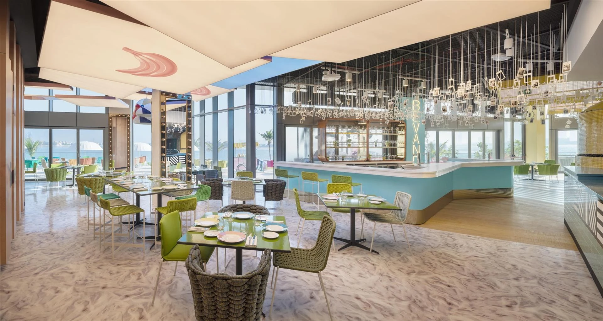 Modern restaurant interior at W Dubai - The Palm, Dubai.