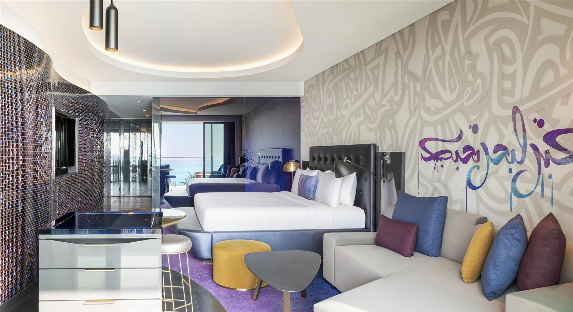 Modern hotel room at W Dubai - The Palm, Dubai.