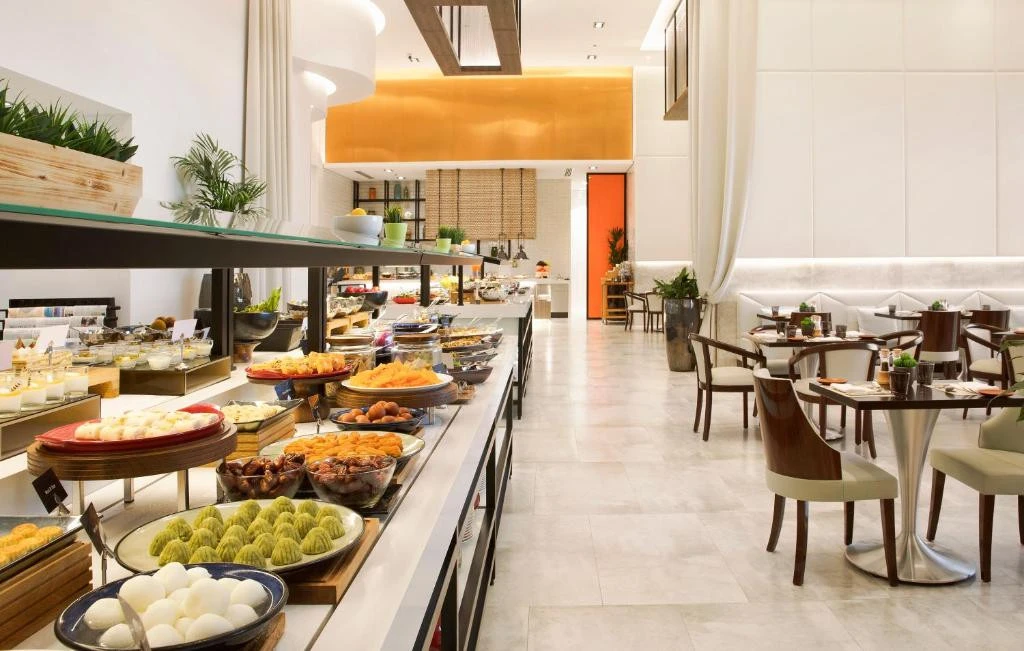 Buffet setup at Arjaan by Rotana, Dubai Media City restaurant.