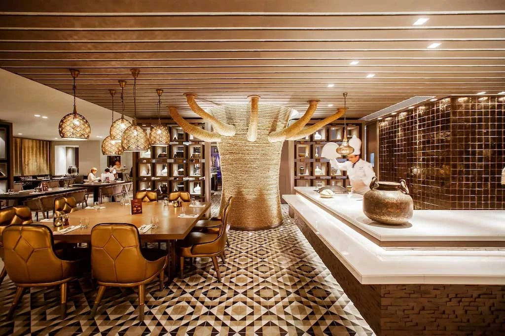 Artistic dining space with unique decor at Radisson Blu, Dubai.