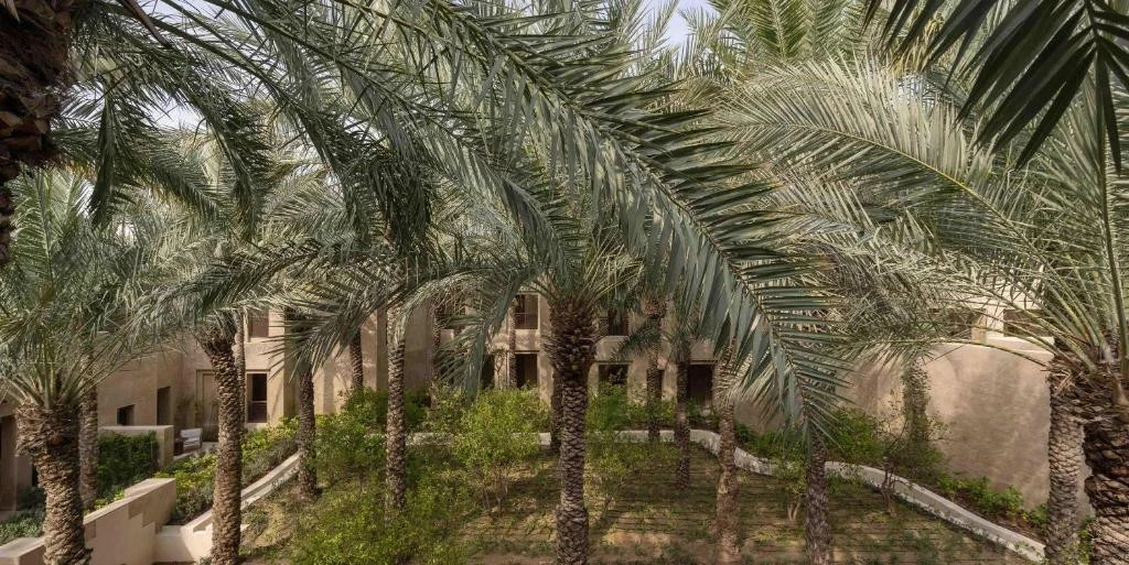 Palm trees surrounding Bab Al Shams Desert Resort, Dubai courtyard.