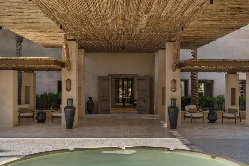 Entrance of Bab Al Shams Desert Resort, Dubai with rustic decor.