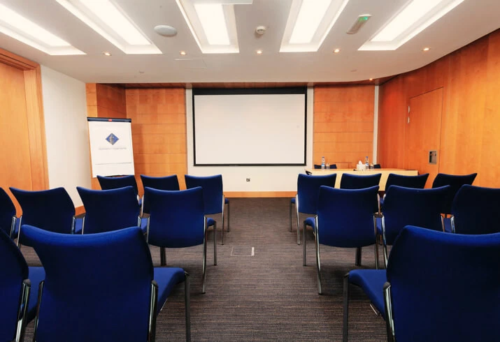 Conference room with blue chairs at Dubai World Trade Centre.