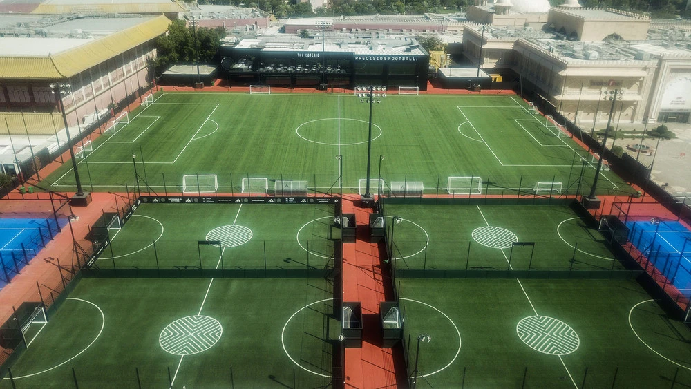 Aerial view of Precision Football fields in Dubai.