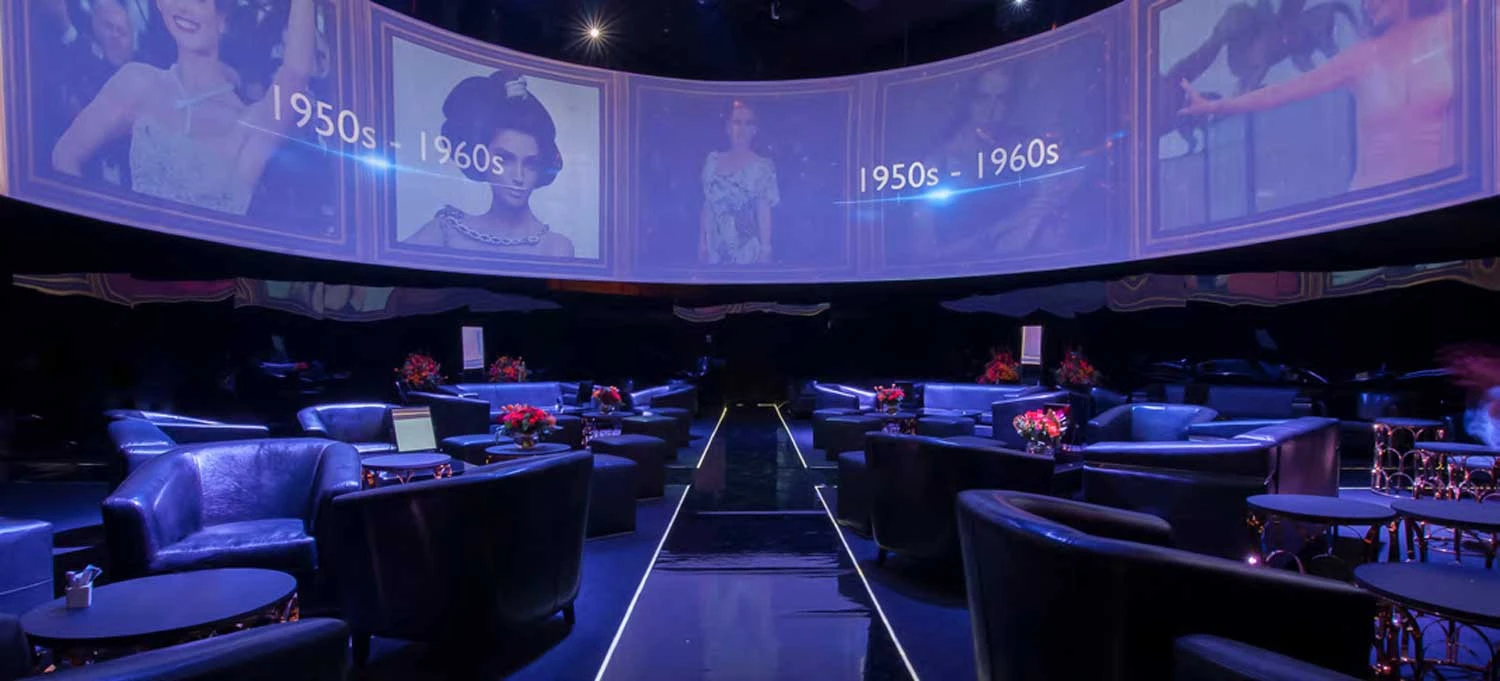 Dubai Opera lounge with vintage 1950s-1960s decor and seating