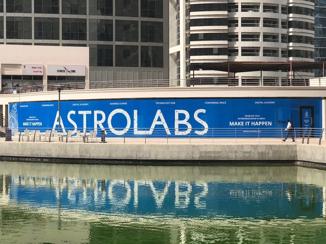 AstroLabs Coworking Space exterior by waterfront, Dubai.