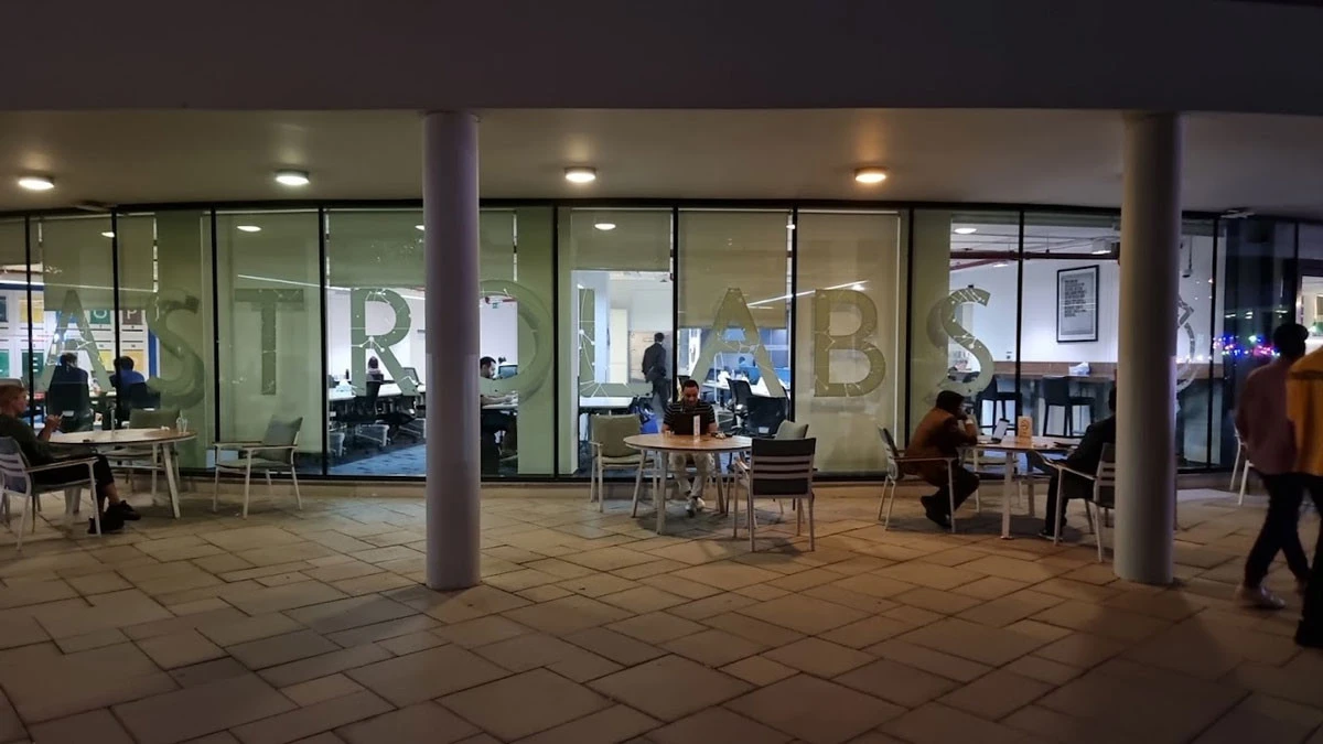 AstroLabs Coworking Space exterior with people seated outside, Dubai.