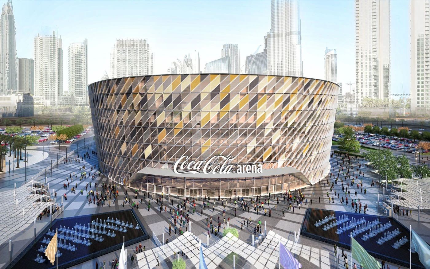 Coca-Cola Arena exterior with crowds, Dubai skyline in background.