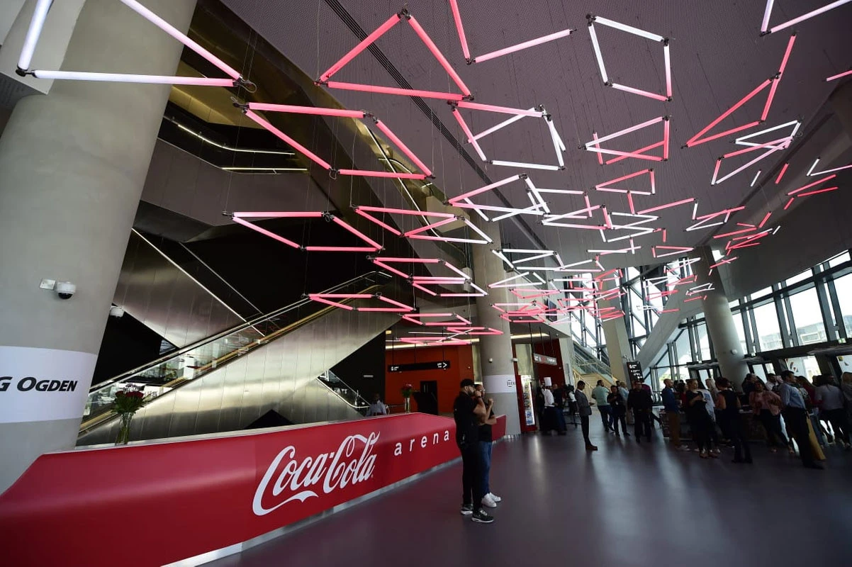Coca-Cola Arena lobby with modern lighting, Dubai.