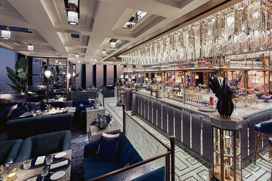 Sophisticated bar area at Atmosphere Burj Khalifa with plush seating.