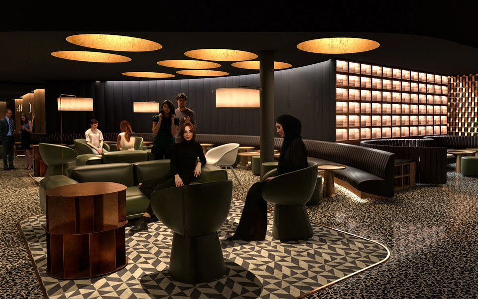 Stylish lounge at Roxy Cinema Dubai Hills with modern seating.