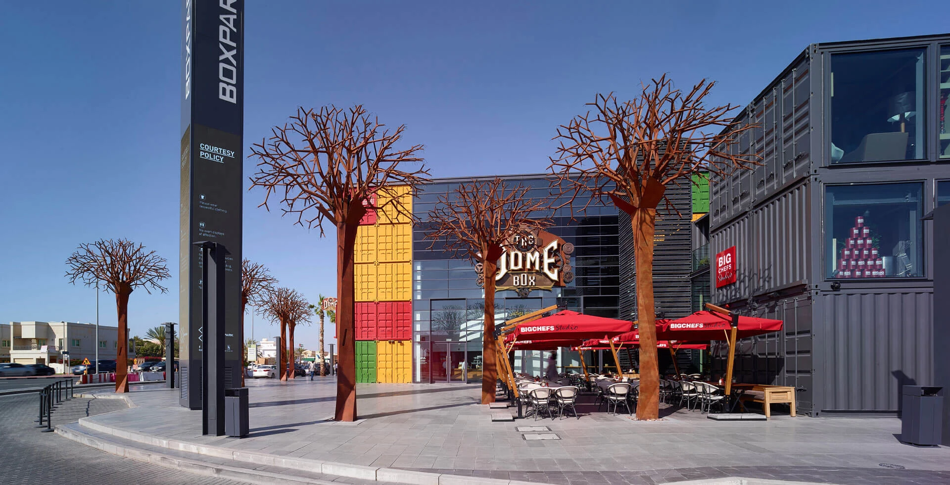 Roxy Cinema Box Park entrance with outdoor seating, Dubai.