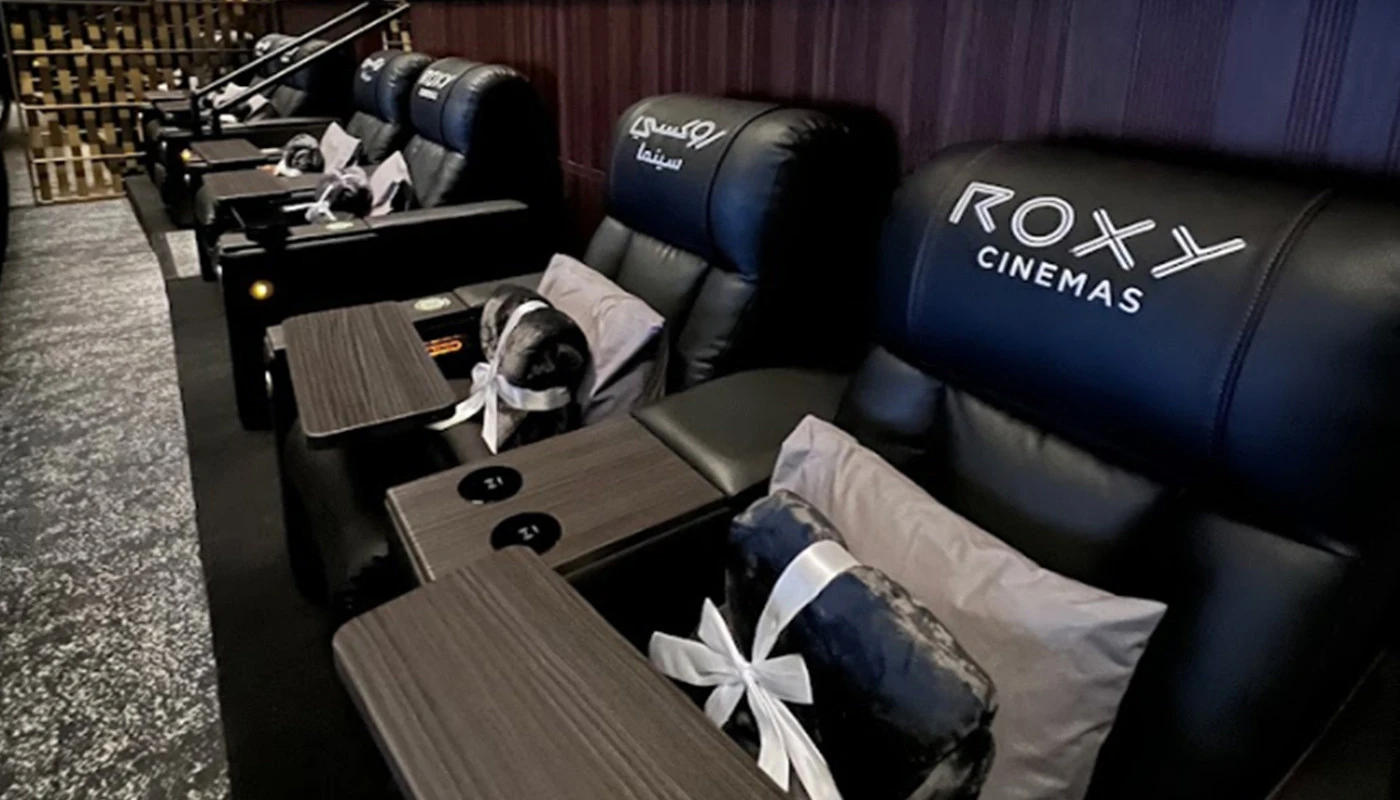 Luxurious seating at Roxy Cinema Box Park, Dubai.
