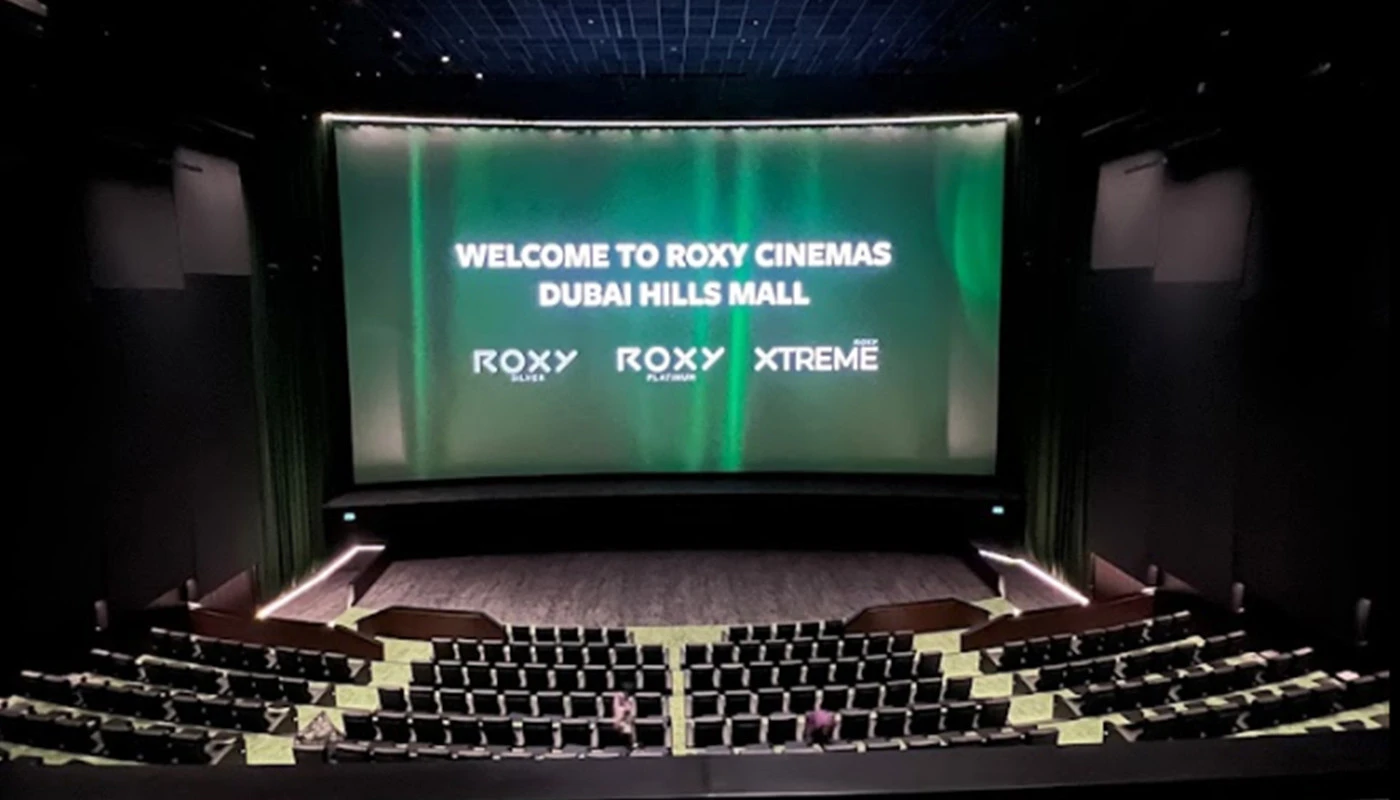 Roxy Cinema Box Park auditorium with large screen, Dubai.