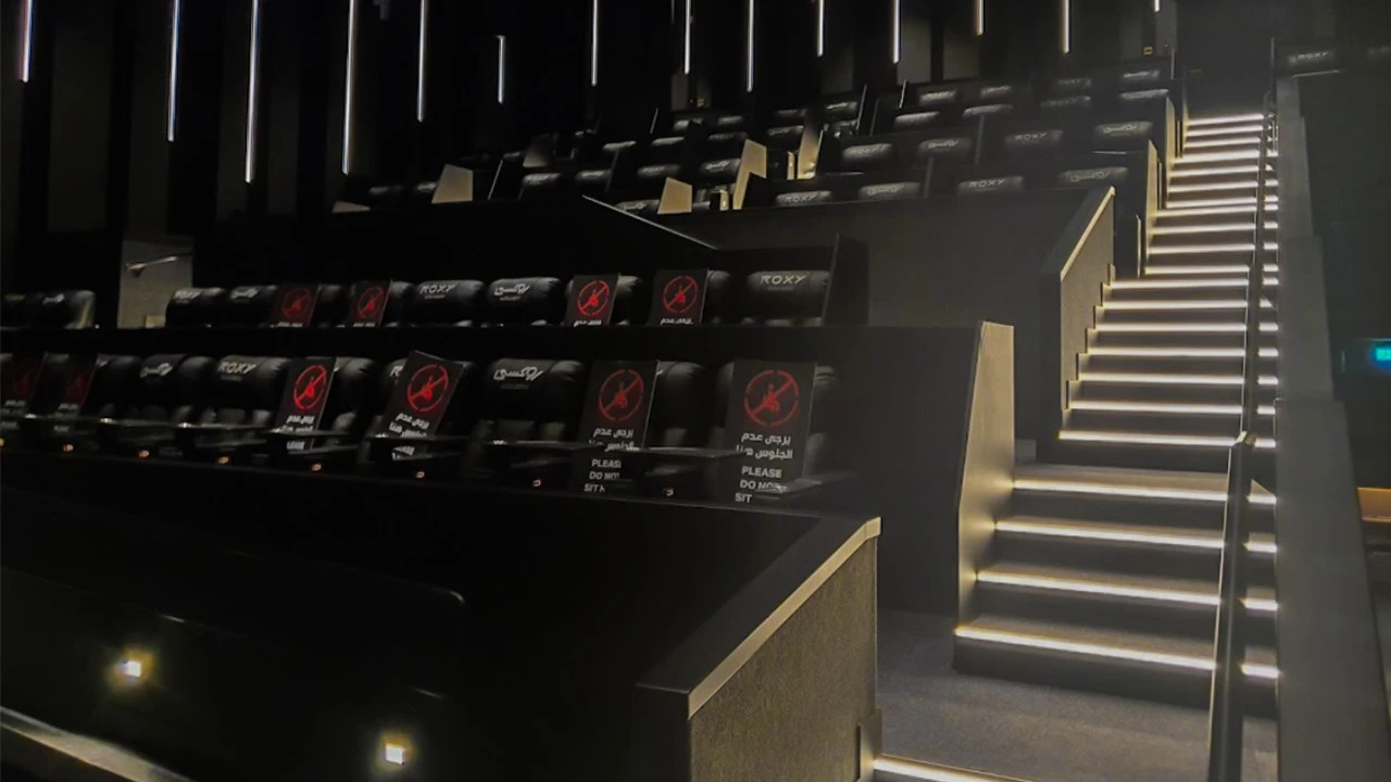 Roxy Cinema Al Khawaneej seating and illuminated stairs, Dubai.