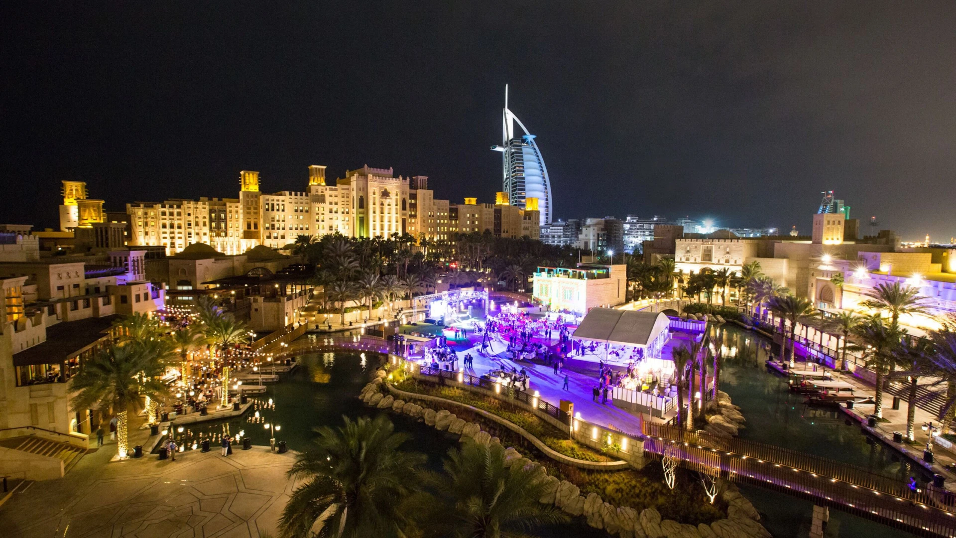 Madinat Jumeirah Fort Island at night, overlooking Burj Al Arab, Dubai.