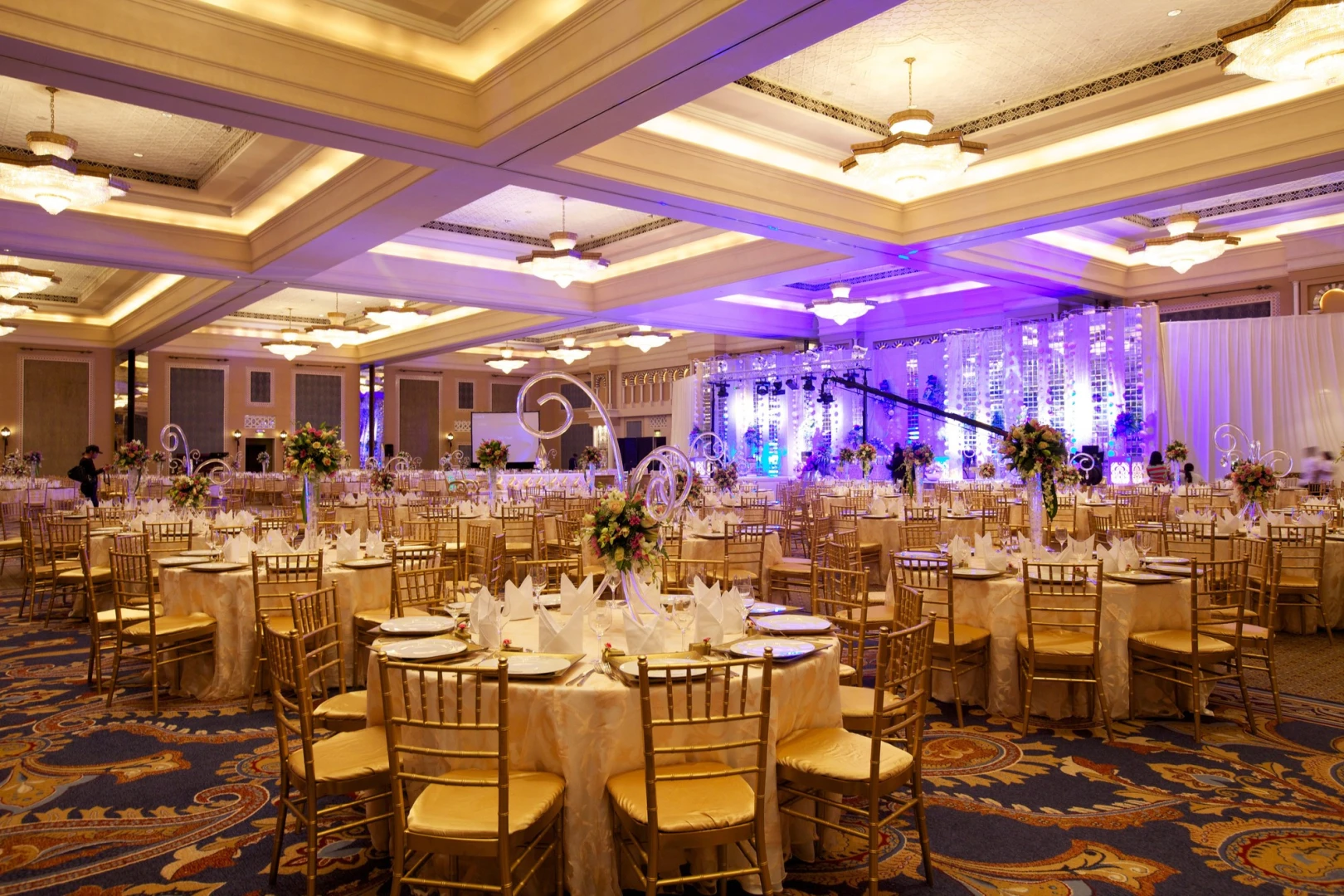 Elegant banquet setup at Madinat Jumeirah Conference Center, Dubai.