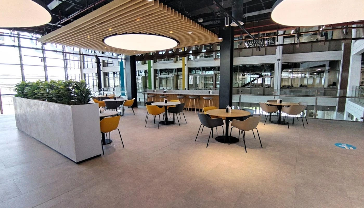 Modern seating area at University of Birmingham Dubai campus.