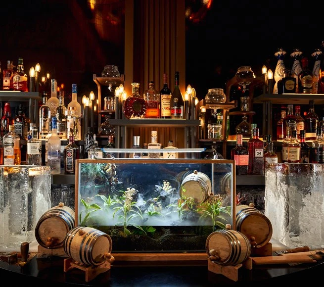 Amelia Restaurant bar with bottles and decorative plants, Dubai.