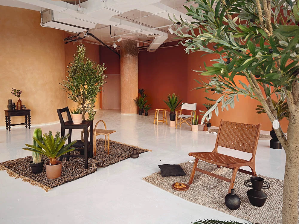 LUMA Studio Dubai, modern interior with plants and wooden furniture.