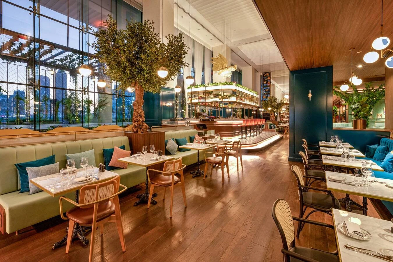 Elegant interior of Couqley French Brasserie Downtown, Dubai.