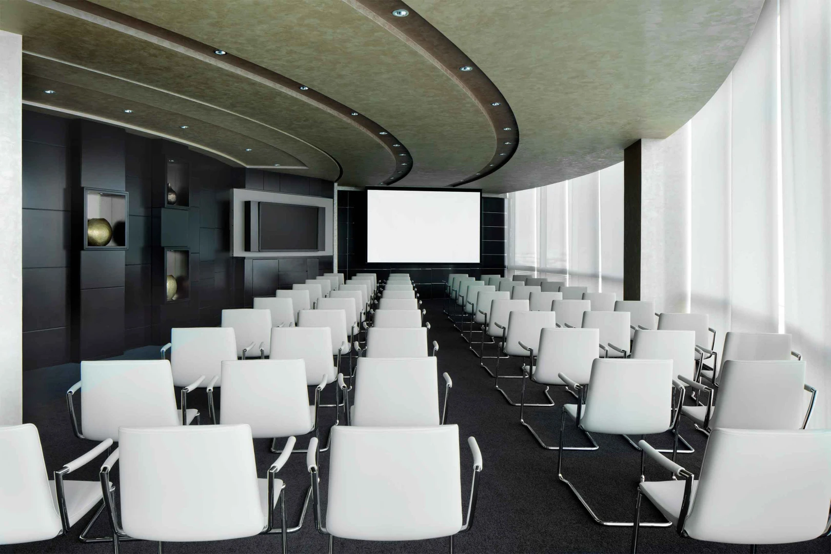 Conference room with white chairs, Jumeirah Emirates Towers, Dubai.