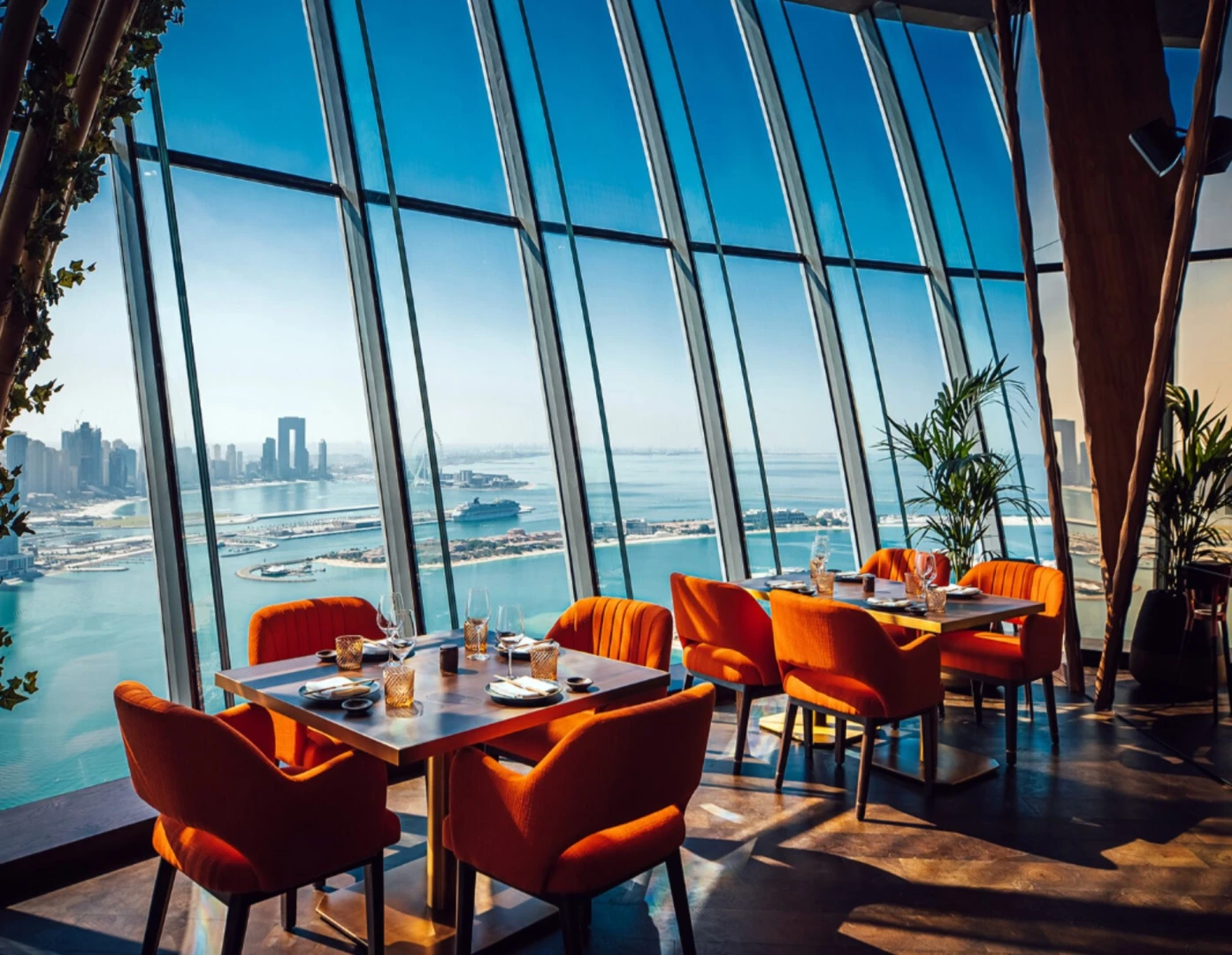 Sushisamba Dubai dining area with panoramic city and sea views.