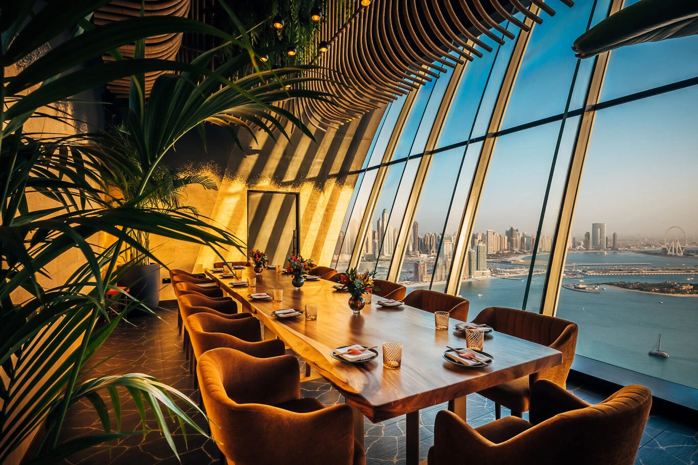 Elegant dining table with Dubai skyline view at Sushisamba Dubai.