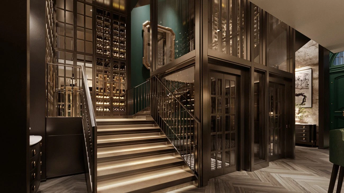 Elegant staircase and wine display at Chic Nonna Dubai venue.