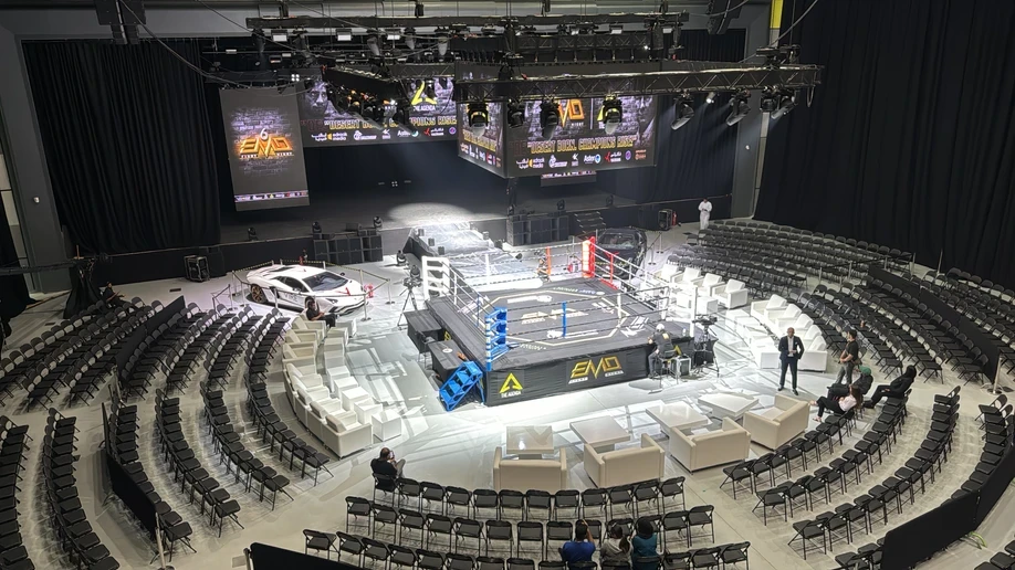 Boxing ring setup at The Agenda venue, Dubai.