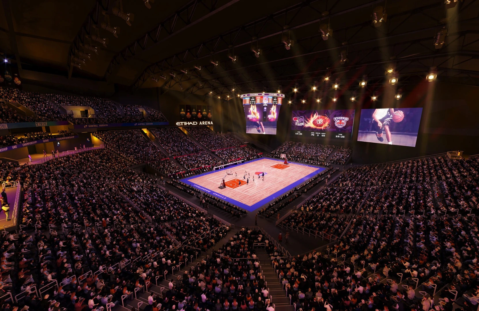 Packed Etihad Arena in Abu Dhabi during a basketball game.