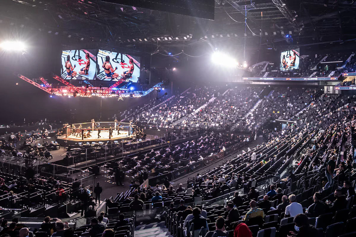 Etihad Arena in Abu Dhabi during a UFC event, crowded seating.