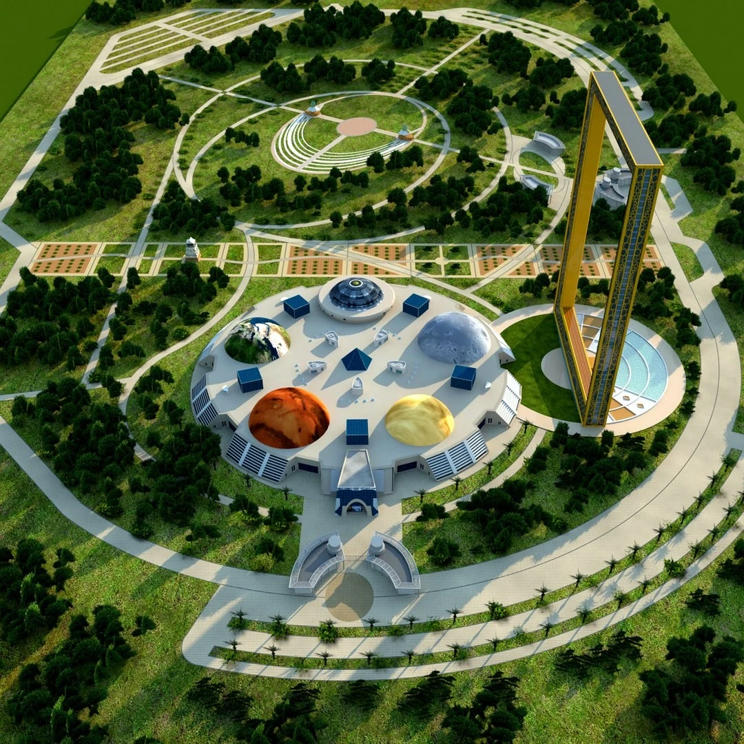 Aerial view of Zabeel Park, Dubai with futuristic structures.