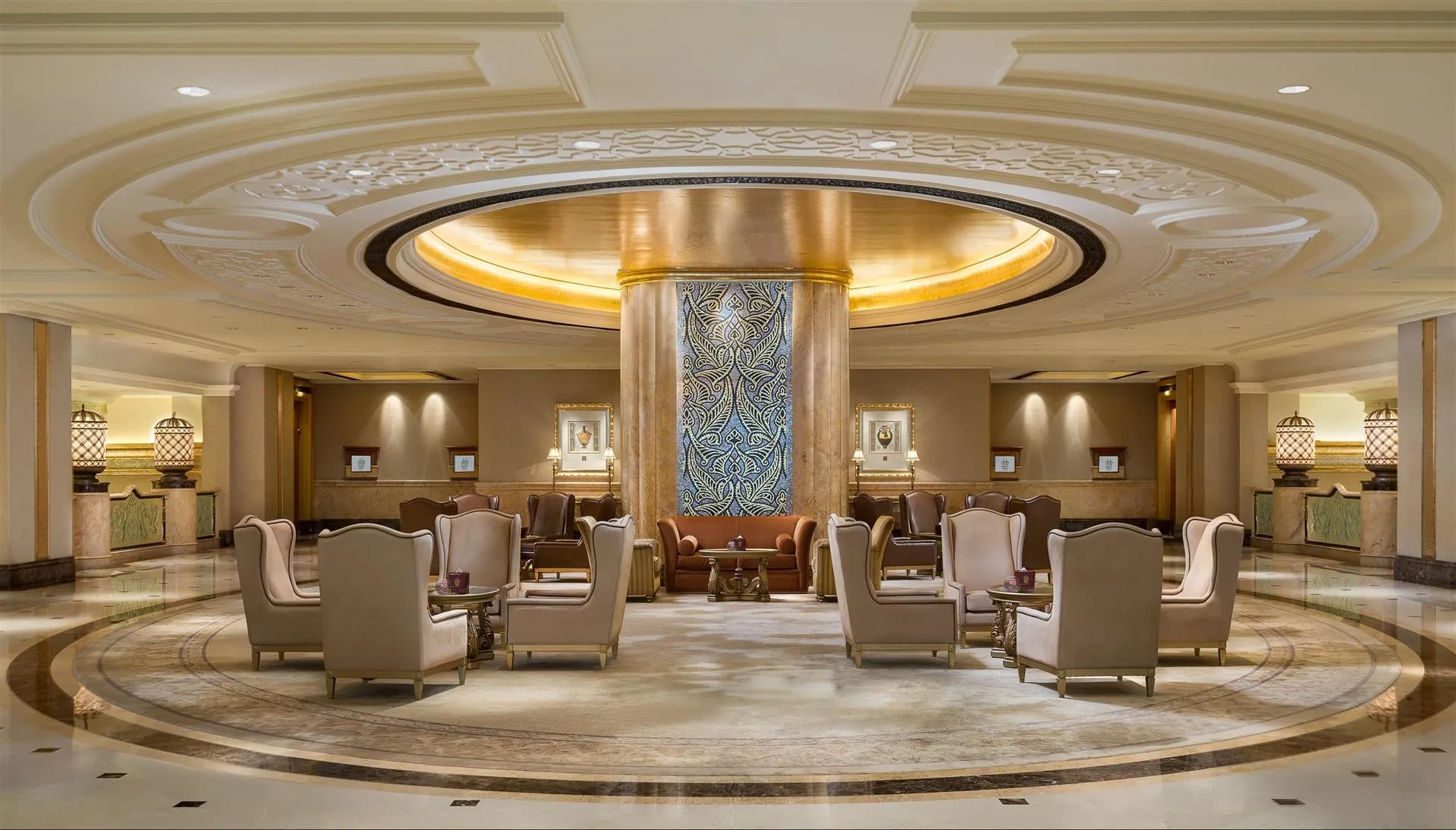 Elegant seating area in Emirates Palace lobby, Abu Dhabi.